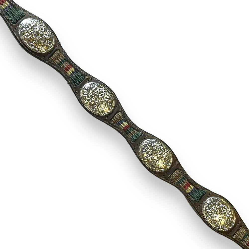 Western Concho Belt Women Leather Metal Medallions Woven Fabric Distressed Sz 30 - Picture 3 of 11